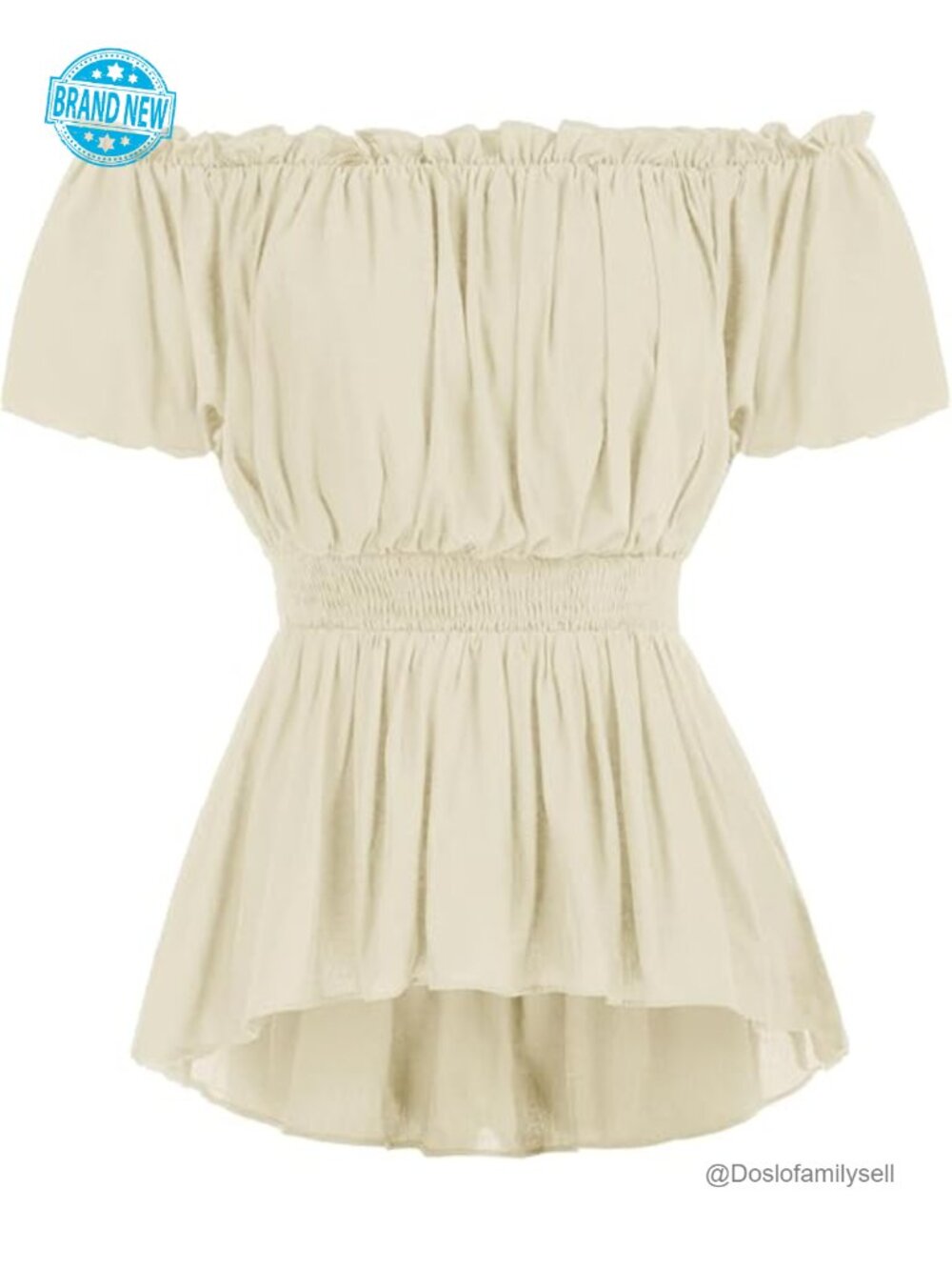 Off Shoulder Peasant Blouse with Ruffled Neckline & Smocked Waist